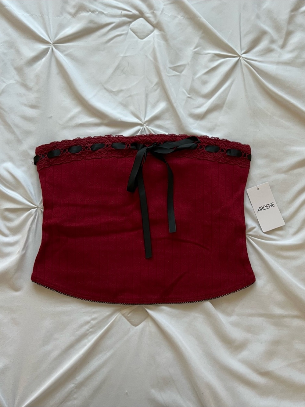 Ardene burgundy lace pointelle knit tube top with black ribbon and bow